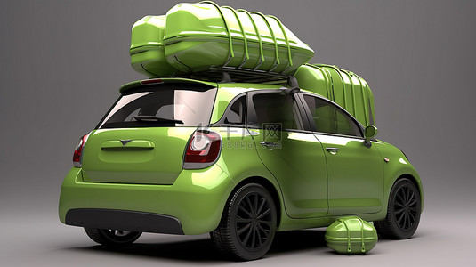 绿色汽车背景图片_以 3d 形式描绘的绿色紧凑型汽车，车顶上有一堆行李