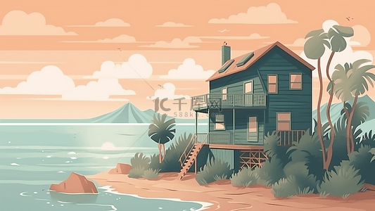 海边沙滩边框背景图片_卡通房子蓝色海水插画