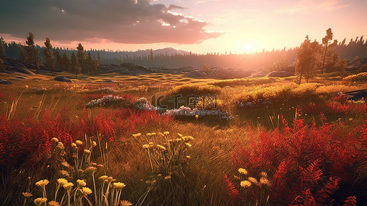 令人惊叹的山草甸沐浴在温暖的日落光 3D 渲染图像