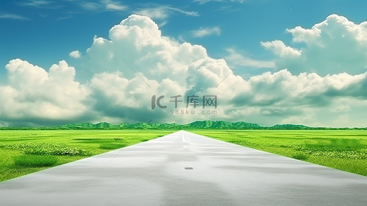 绿树道路背景图片_绿色跑道天堂多云旅行和度假背景的 3D 道路插图