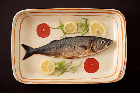 一个盘子，上面有鱼和柠檬