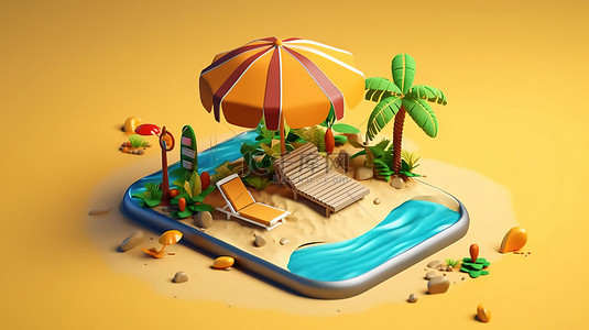 数字夏日逃逸 3D 渲染的卡通沙岛，智能手机屏幕上配有雨伞和躺椅