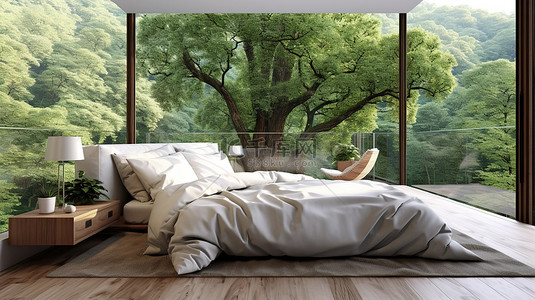 现代 3D 卧室配有白色床，可欣赏茂密森林的美景