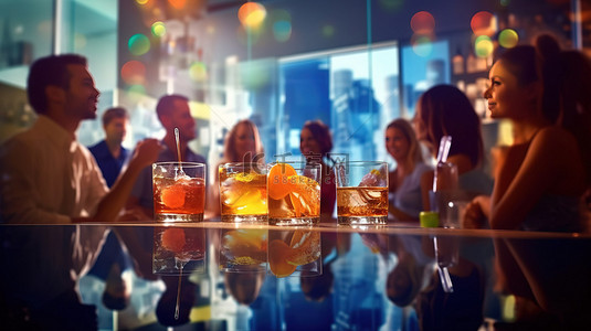3D 合成图像展示朋友在酒吧享用鸡尾酒