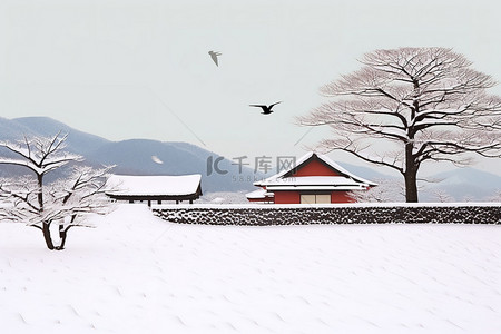 飞翔的鸟背景图片_一座被雪覆盖的房子和一只飞翔的鸟