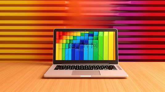 带有笔记本电脑的彩虹架子的 3D 插图