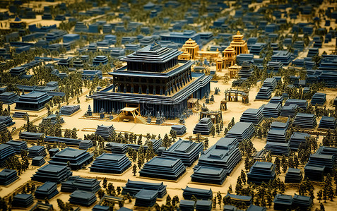 寺庙背景背景图片_背景中有寺庙和树木的城市模型