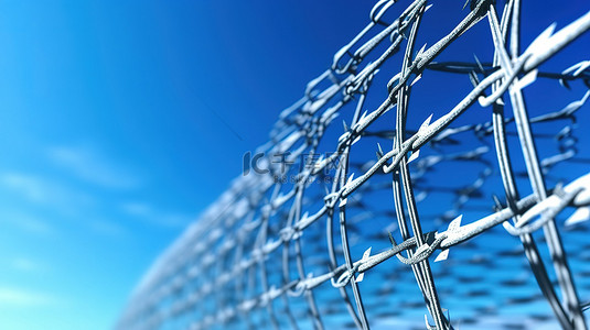 封闭围栏背景图片_蓝天带刺铁丝网金属围栏的强化区理念 3D 渲染