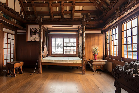 一个木制的房间，下面有一间卧室