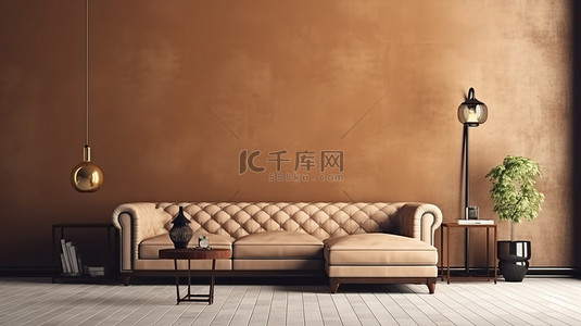 皮革装饰沙发背景背景图片_客厅里现代和复古装饰的别致融合，配有棕色皮革沙发和空墙，用于模型 3D 渲染
