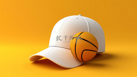 白色棒球帽搭配充满活力的黄色篮球的 3D 渲染