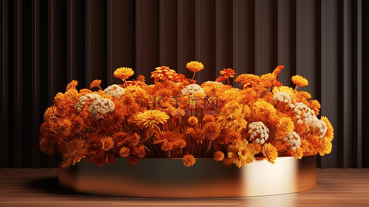 秋季壁纸背景图片_秋季主题 3D 讲台装饰着金色和橙色花束，非常适合展示