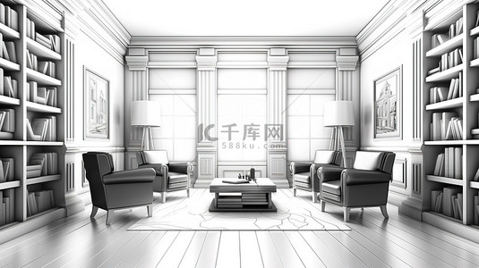 室内书架背景背景图片_图书馆立面 3D 插图中带空书架椅子和相框的书房的内部草图