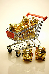骰子背景图片_一辆金色购物车和一套存钱罐