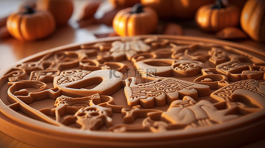 美食饼背景图片_采用 3D 技术由塑料制成的万圣节姜饼饼干面团模具