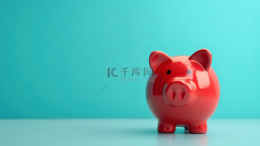 货币安全背景图片_蓝色背景下红色存钱罐风格的 3D 渲染钱箱