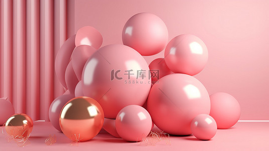 3d 渲染中的粉色气球和金色圆圈生日贺卡背景