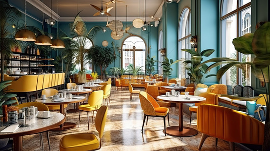 市中心令人惊叹的欧洲咖啡馆内饰，配有色彩缤纷的家具和现代风格 3D 渲染