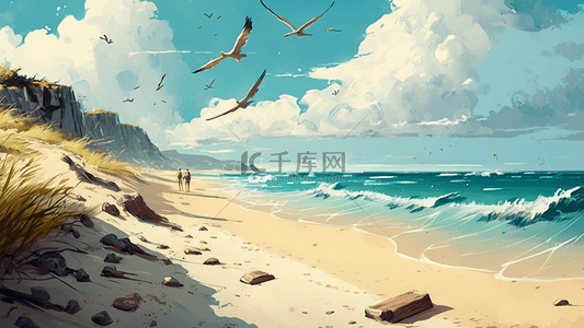 假期沙滩背景图片_夏日沙滩海鸥背景