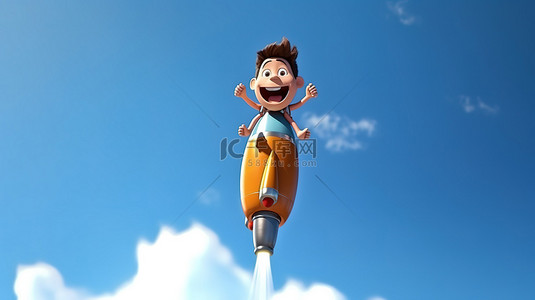 项目角色背景图片_乘坐火箭飞行的卡通人物的 3D 插图