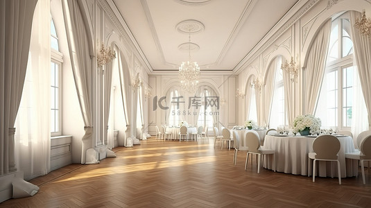 优雅的宴会厅设有白色桌子和雄伟的 3D 窗帘窗户