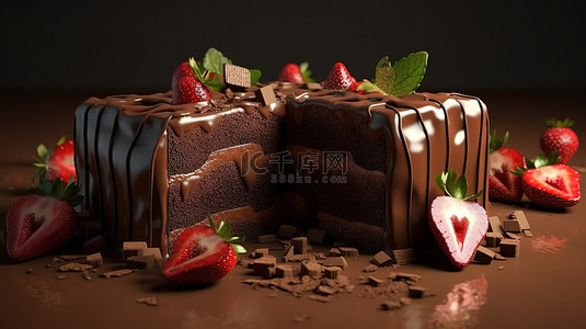 3D 渲染中的草莓巧克力蛋糕片