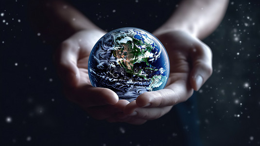 地球日一只象征性的手握住地球，象征节能和环境保护，以 NASA 图像和 3D 渲染为特色