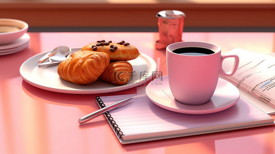 粉红色 3D 渲染的羊角面包和咖啡杯与盘子剪贴板上的汉堡包配对