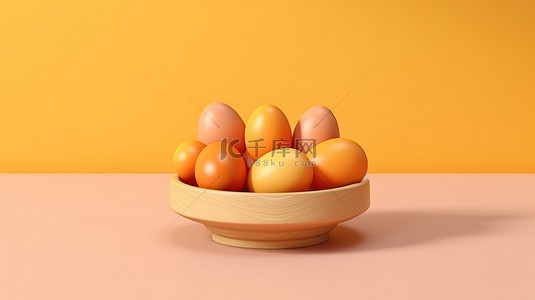 橙色样机背景图片_充满活力的复活节彩蛋呈现在橙色 3D 渲染顶视图的简约木架上