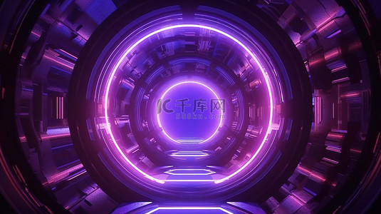 发光的科幻太空隧道与紫色霓虹灯未来派 3D 插图