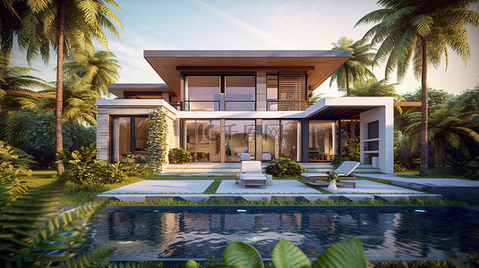 风景房屋背景图片_现代建筑热带房屋的当代 3D 插图