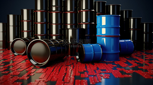 跌倒背景图片_3D渲染的红色图蓝色喷嘴和黑色桶描绘的油价下降趋势