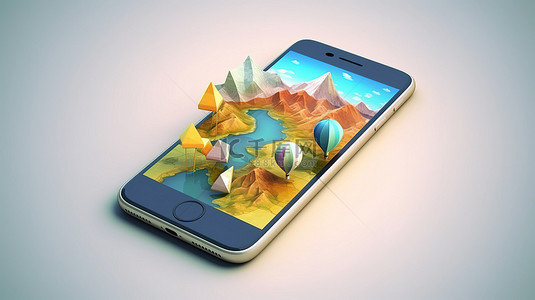 带有白色空间屏幕背景的智能手机上的彩色旅行应用程序 3D 插图