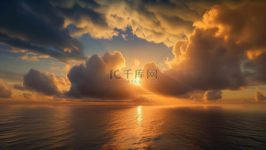 大海水彩背景图片_大海天空云层橙色晚霞