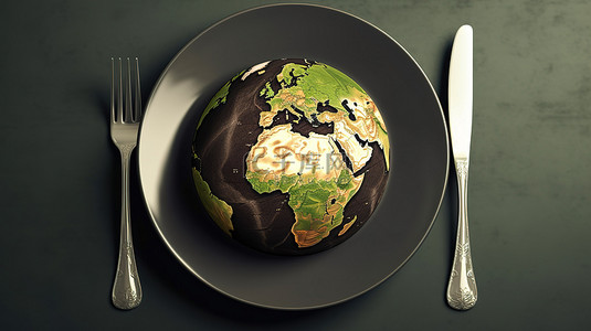 盘子上的地球仪 3D 渲染，配有叉子和刀子，突出了我们星球上食物短缺的概念