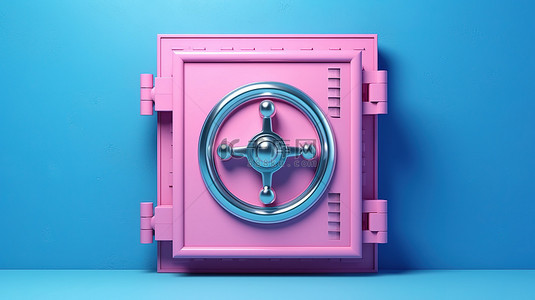双色调风格 3D 渲染蓝色银行保险箱门，形状为粉红色背景上的美元符号