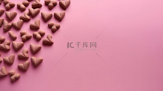 粉红色纸背景上的浪漫巧克力心设计，有足够的空间用于复制 3D 渲染