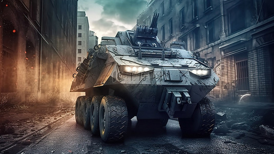 武器铸造背景图片_带火箭和武器的装甲运兵车城市战争场景 3D 渲染
