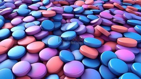 带有蓝色粉色和紫色药丸和胶囊的几何图案背景的 3D 插图