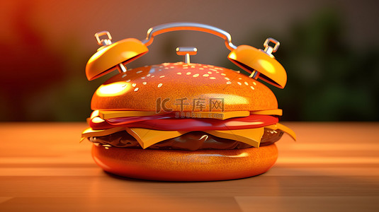 卡通汉堡背景图片_具有闹钟功能的 3D 渲染汉堡包时钟