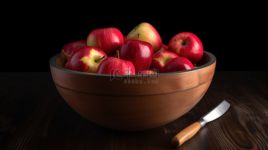 用织物和刀 3d 渲染的木碗中切片和整个红苹果