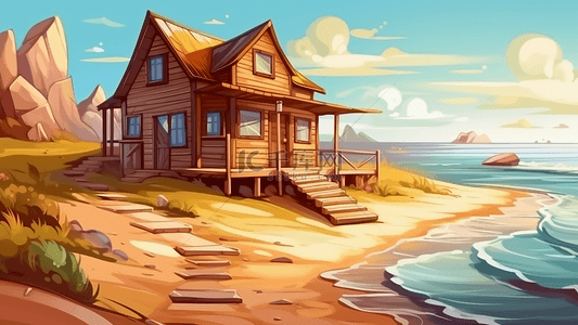 卡通夏日海边背景图片_度假屋海滩插画背景