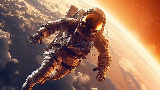 漂浮在太空中的宇航员的 3D 插图，带有横幅背景