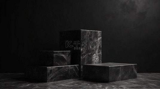 黑墙纹理粗糙深色背景图片_在粗糙纹理的黑色石头讲台上展示您的产品，通过对象放置进行 3D 渲染