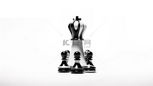 白色孤立背景上颠倒的黑白国际象棋皇后的 3D 插图