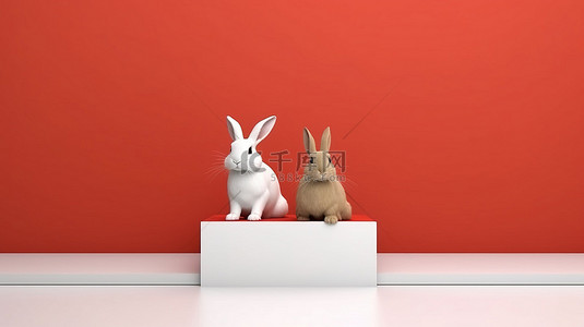 2023白色背景图片_讲台上的红色和白色兔子有足够的空间用于文本 3D 渲染