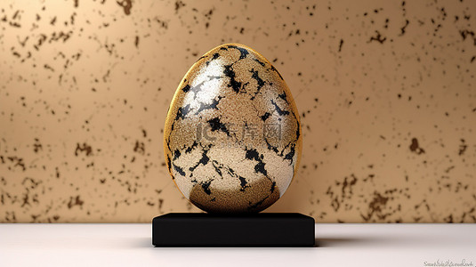 水磨石图案的金色复活节彩蛋装饰米色墙壁，用于四月春季庆祝活动 3D 渲染插图