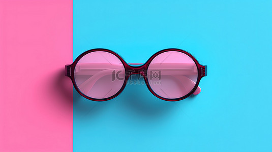 极简主义顶视图工作室在粉红色背景上拍摄浮雕 3D 眼镜，带有蓝色圆圈