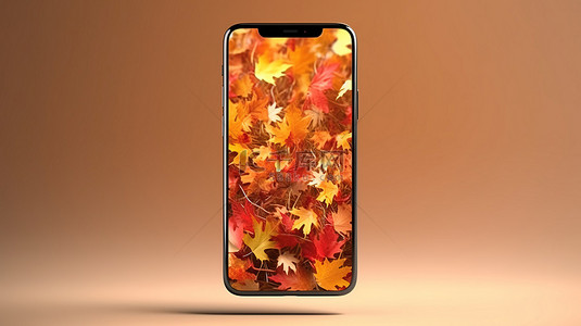 感恩背景图片_带有浮动秋叶的手机模型的 3D 渲染