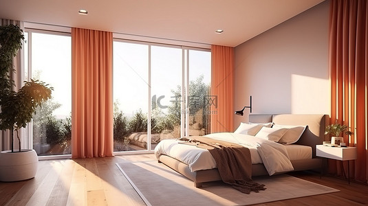 现代卧室设计融入了灿烂的晨光和令人惊叹的自然景观 3D 渲染